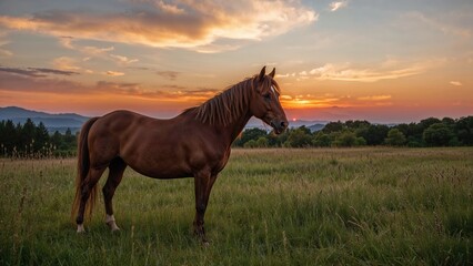 Beautiful landscape of an animal grazing on grass with a vibrant sunset