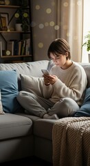 Obraz premium Young Woman Relaxing on Sofa While Using Smartphone at Home
