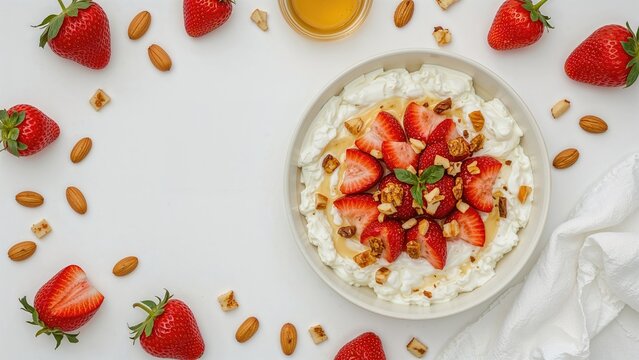 Healthy start to the day: cottage cheese combined with strawberries, almonds, and honey. Top-down shot with blank area for text.