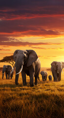 Fototapeta premium A majestic herd of African elephants traverses the golden savanna under a dramatic sunset sky.