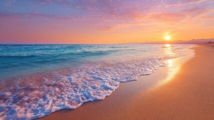 Fototapeta premium Elegant photo of closeup sea sand beach. Panoramic beach landscape. Inspire tropical beach seascape horizon. Orange and golden sunset sky calmness tranquil relaxing sunlight.