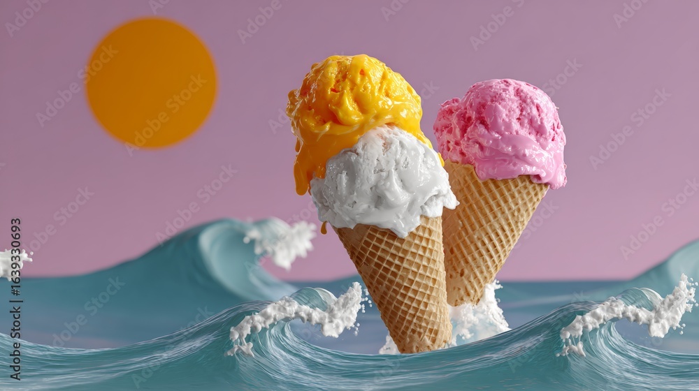 Aufkleber two ice cream cones are floating in the ocean. the sun is shining on the water, creating a warm and 