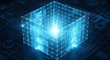 Glowing blue digital cube network with bright center
