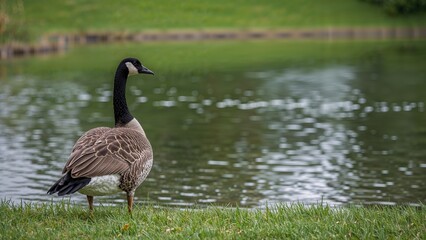 Obraz premium Branta canadensis standing near a pond, looking back in a park setting