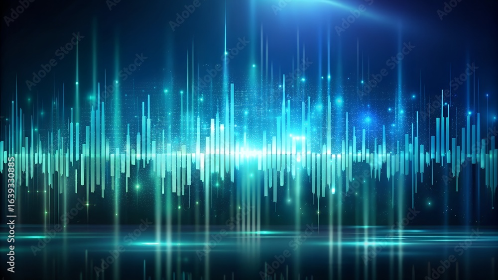 Poster abstract blue and green sound wave visualizer with glowing lights and digital particles, representin