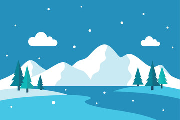 Obraz premium Snowy Mountain Landscape with Evergreen Trees Clouds and Falling Snow Flat Vector Illustration for Winter Season Designs