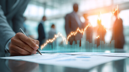 Closeup of Hand Drawing on Futuristic Holographic Display, Technology and Business Development Concept, Professional Using Digital Touchscreen Interface for Data Analysis and Planning in Modern Office
