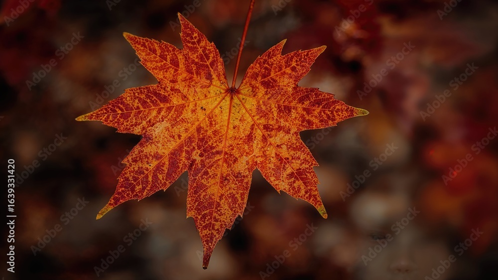 Poster detailed close-up of a bright maple leaf showing abstract texture and forest vibes