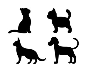Four Silhouetted Domestic Animals, Two Cats and Two Dogs, on White Background