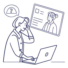 Confused person on video call with older woman asking for help online