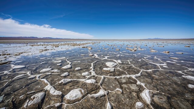 Cracked parched earth surrounding a lagoon in a dry region