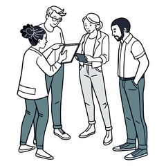 Diverse group of people collaborating and discussing ideas while looking at a tablet