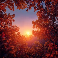 Autumn sunset view through red leaves, forest, peaceful scene, nature calendar
