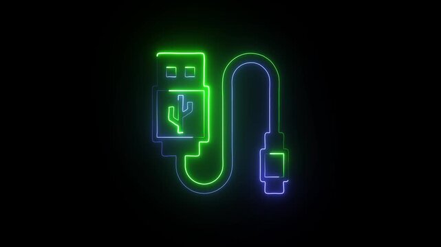 Glowing Neon USB Cable Icon Representing Modern Technology Connection, Data Transfer, and Digital Device Charging in Futuristic Style.