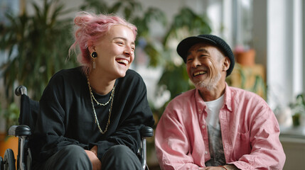 A heartwarming scene of intergenerational friendship. A young woman with pink hair and an older man in a wheelchair share a joyful moment of laughter. Inclusive, uplifting.