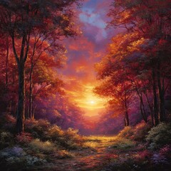 Fototapeta premium Autumnal forest path sunset landscape painting, nature art