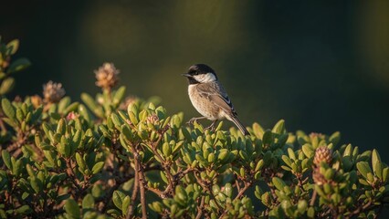 Sunlit greenery hosts a tiny chickadee bird.