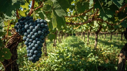 Cluster of grapes growing on a green farm vine in a natural garden setting
