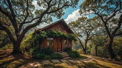 Typical forest lodge situated among trees and greenery embracing the natural environment.