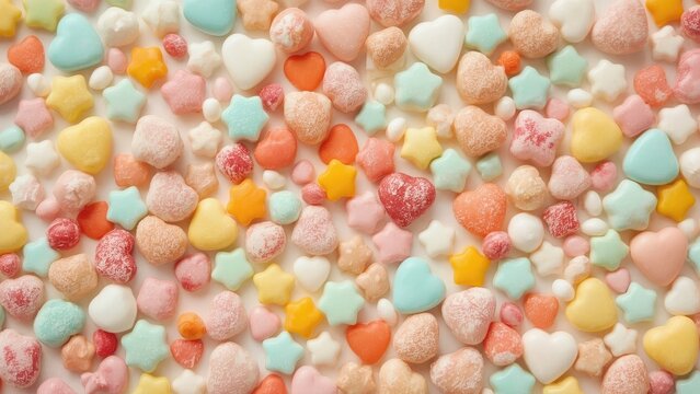 Pastel heart, star, and love-shaped candies in green, orange, pink, and yellow colors set on a white background