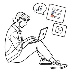 Person sitting on floor using laptop and thinking with speech bubbles and screen elements