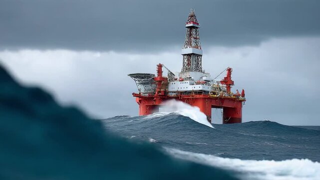 Ocean Drilling Platform: A striking offshore drilling platform, a behemoth of industry, rises majestically amidst a tempestuous sea. The stormy sky accentuates the platform's imposing presence.