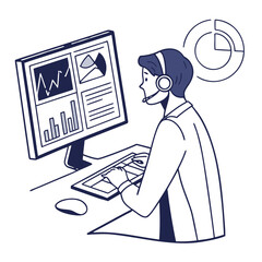 Person wearing headset analyzing financial data charts and graphs on a computer screen