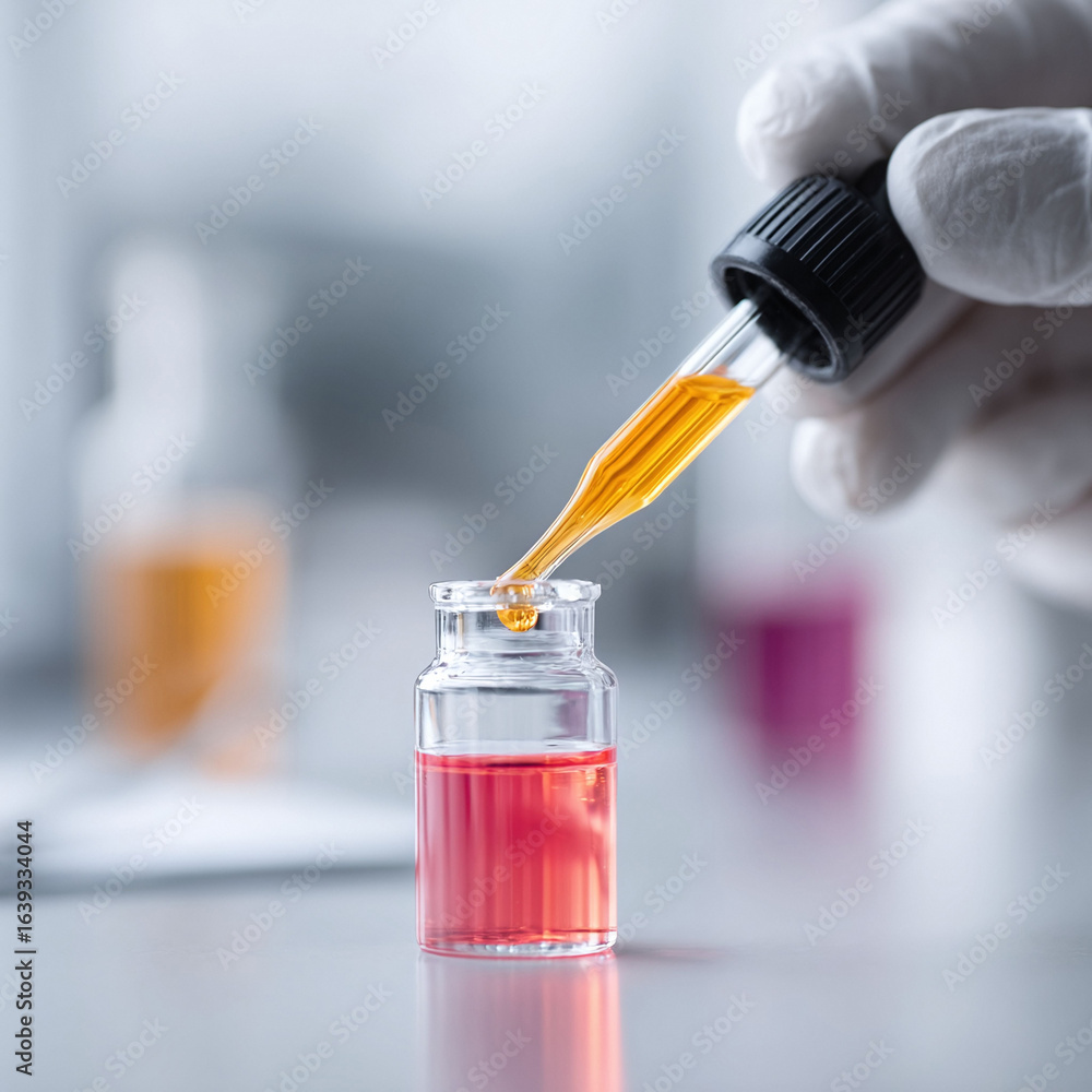 Poster closeup of a gloved hand using a pipette to add a golden liquid to a vial containing pink fluid. ill