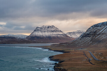 Wide view of the Snæfellsnes Peninsula in Iceland captured on a cloudy, overcast day. The moody...