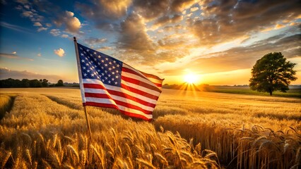 American flag waving in a golden wheat field at sunset, symbolizing freedom and prosperity