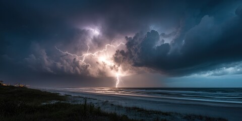 A dramatic storm rolling in over the coast, lightning dancing offshore