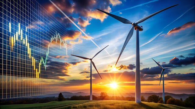 Wind turbines generating renewable energy against a sunset sky with financial data overlay