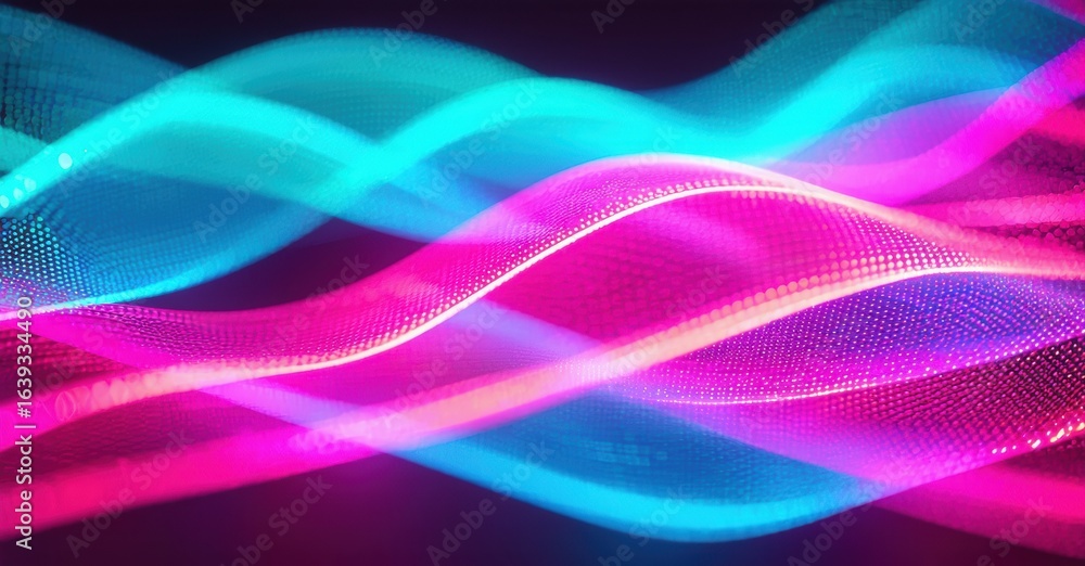 Poster abstract waves, vibrant pinks, blues create flowing digital pattern. light pulses, dark background e