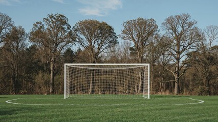 Fototapeta premium Soccer goal frame featuring a mesh net, set against a backdrop of lush greenery