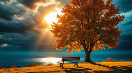 A single lone bench under a giant maple tree with golden autumn leaves