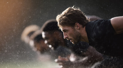 Determined athletes, poised in starting positions, ready for action. Focus, teamwork, and perseverance. Inspiring for sports, motivation, and fitness concepts.