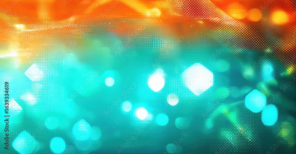 Poster abstract background features vibrant orange, teal hues. bokeh effects create soft light patterns, do