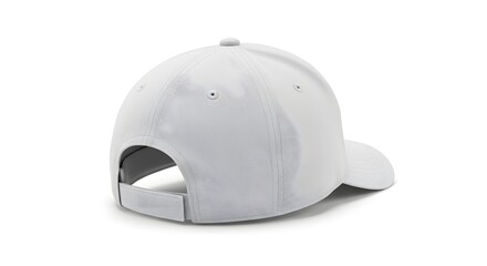 Fototapeta premium Back view of a plain white baseball cap isolated on a white background, showing the adjustable strap. Isolated background hat, baseball cap, baseball hat, hat, Front, back and angle view of adult man 