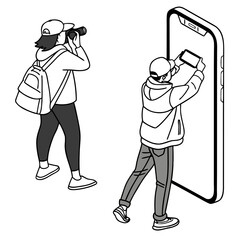 Two people walking with one person holding a camera and the other wearing a vest