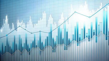 Abstract blue and white financial bar and line graph representing market trends and economic performance with upward and downward movements, symbolizing business analysis and investment