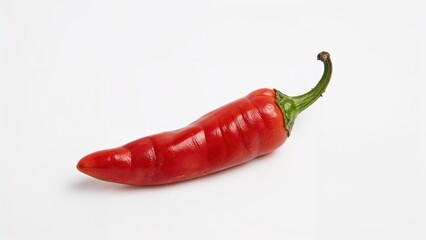 Bright red extremely spicy bhut jolokia chili on a plain white surface
