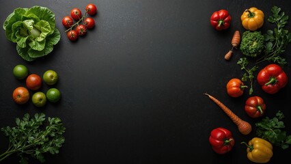 Overhead shot of various uncooked vegetables on a dark background
