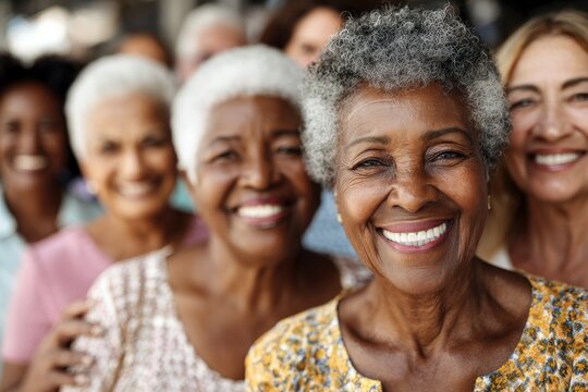 Smiling women celebrate friendship at a gathering in a warm, sunny outdoor setting - Powered by Adobe