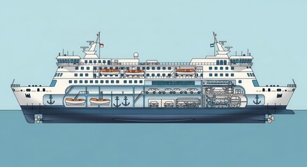 Anatomy of a Modern Car Ferry: Detailed Cutaway View of Decks and Engine Room