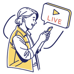 Woman watching live stream on smartphone with play button and live notification