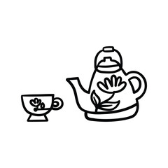 Hand drawn tea pot with tea cup outline element icon