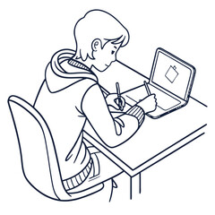 Young person wearing a hoodie sits at a desk and draws on a tablet connected to a laptop
