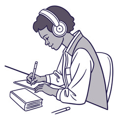 Young person wearing headphones focused on writing in a notebook at a desk with a book