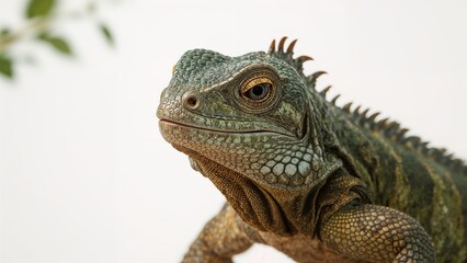 Obraz premium White background portrait of a male dragon lizard in the forest