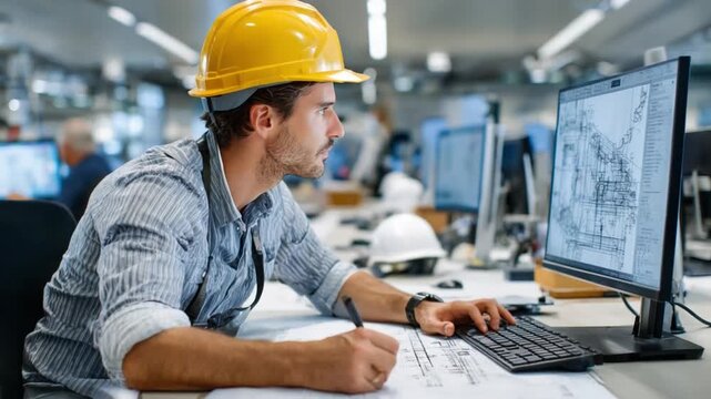 Engineer at Workstation: An engineer, clad in a safety helmet, meticulously examines blueprints on a computer screen, embodying precision and focus within a modern office.